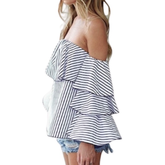 Striped Off The Shoulder Tiered Blouse - Picture 5 of 8